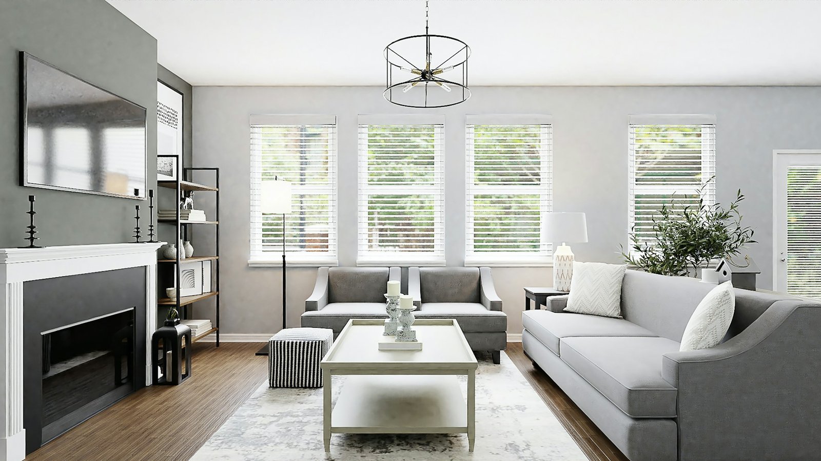 Pendant light above a calm living room